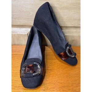 Stuart Weitzman Black Textured Fabric Wedge Ballet Pumps w Buckle Bling 8M